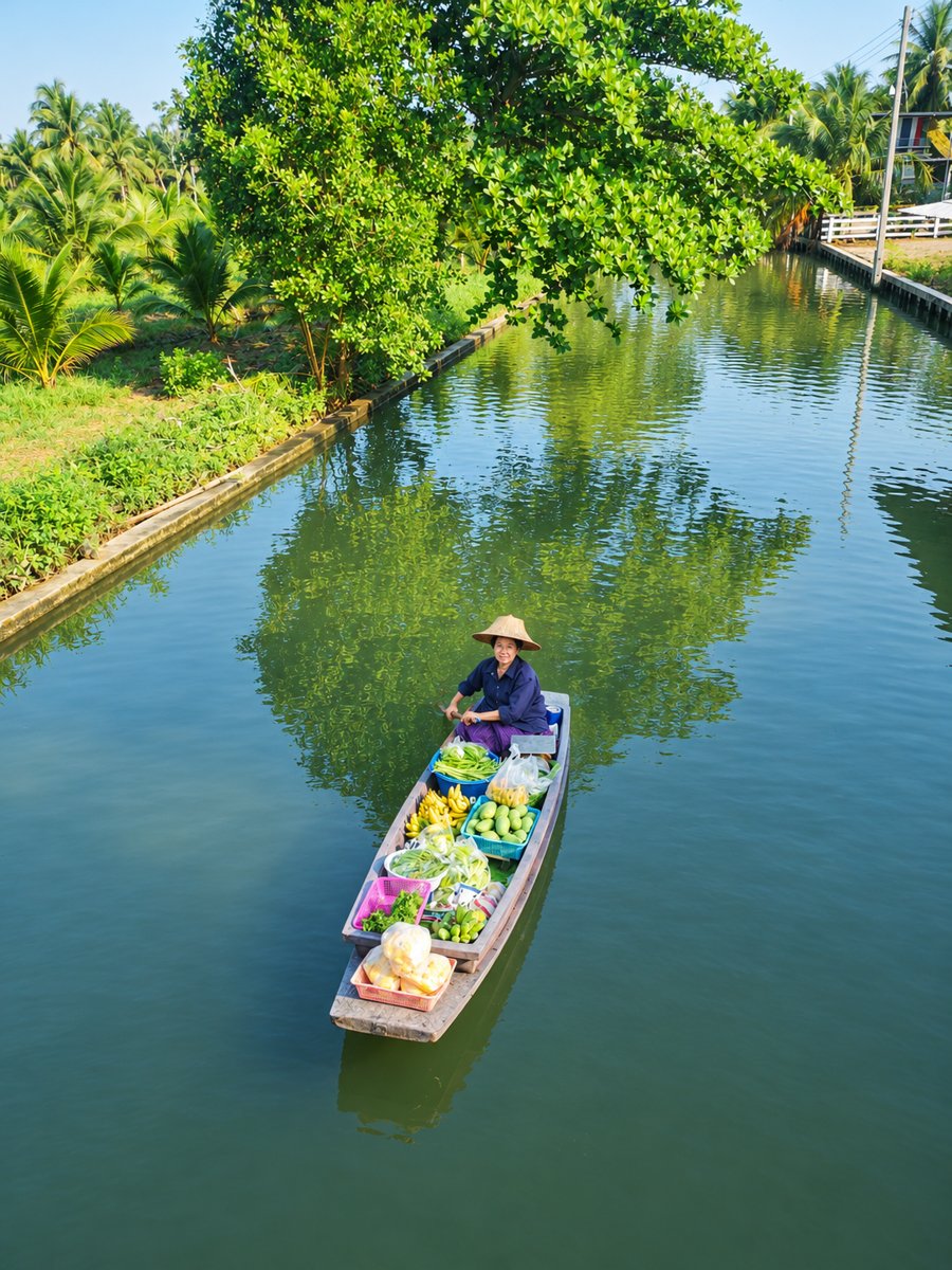 Vendeuse en barque chargée de fruits et de légumes sur un canal verdoyant